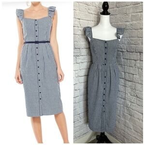 Gal Meets Glam Retro Blue Gingham Ruffle Carly Belted Sheath Midi Dress
